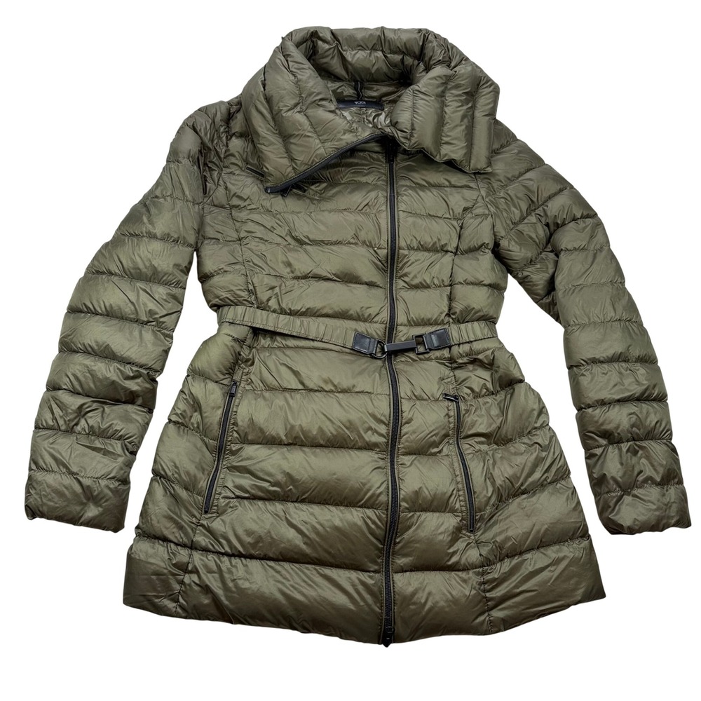 TUMI Women Medium Packable Olive Green Puffer Jacket Belted Waist Funnel Neck